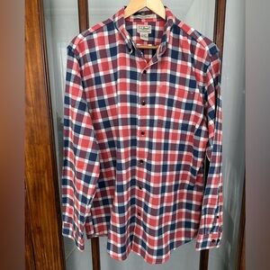 LL Bean Shirt Mens Large Blue Plaid Slightly Fitted Flannel Button Up Casual